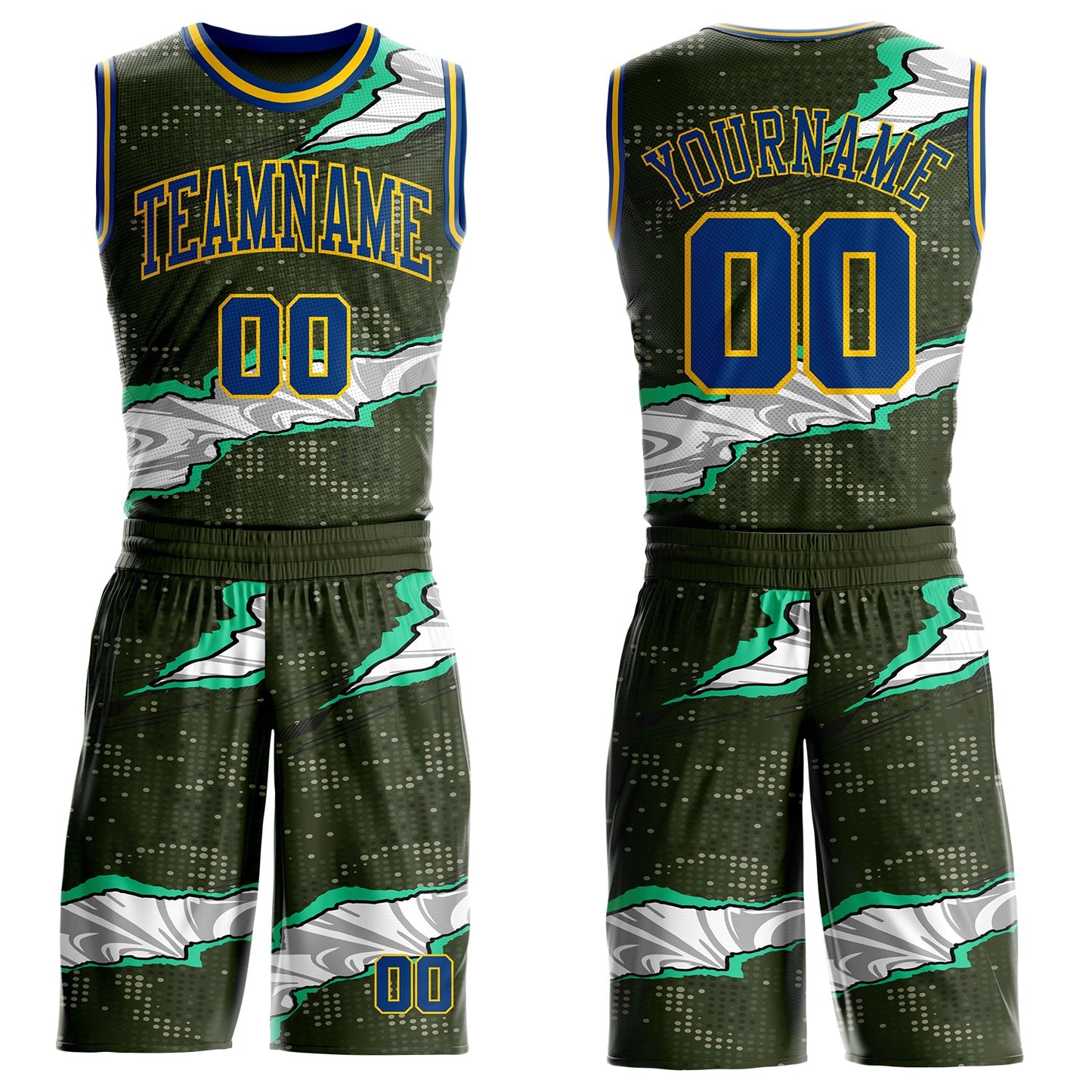 Custom Camo US Navy Blue-Yellow Digital Camouflage Torn Paper Style Round Neck Sublimation Salute To Service Basketball Uniform Jersey - Main View
