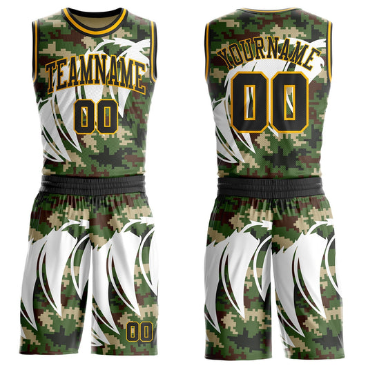 Custom Camo Black-Gold Woodland Camouflage Claw Round Neck Sublimation Salute To Service Basketball Uniform Jersey - Main View