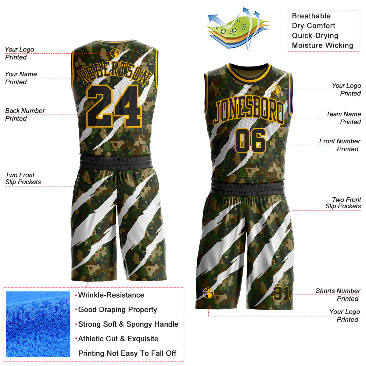 Custom Camo Black-Gold Woodland Camouflage Claw Scratch Round Neck Sublimation Salute To Service Basketball Uniform Jersey view 2