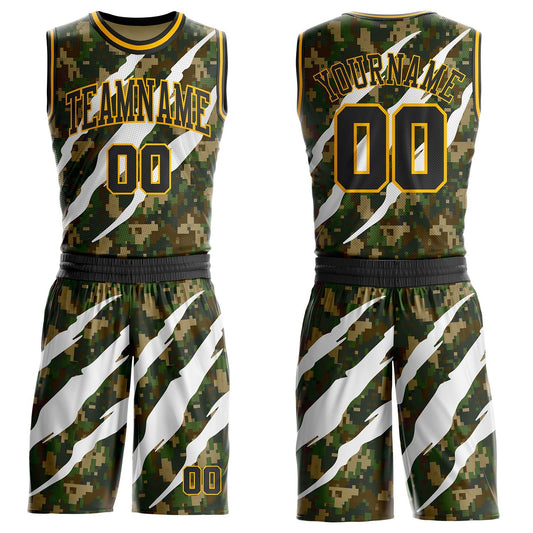 Custom Camo Black-Gold Woodland Camouflage Claw Scratch Round Neck Sublimation Salute To Service Basketball Uniform Jersey - Main View