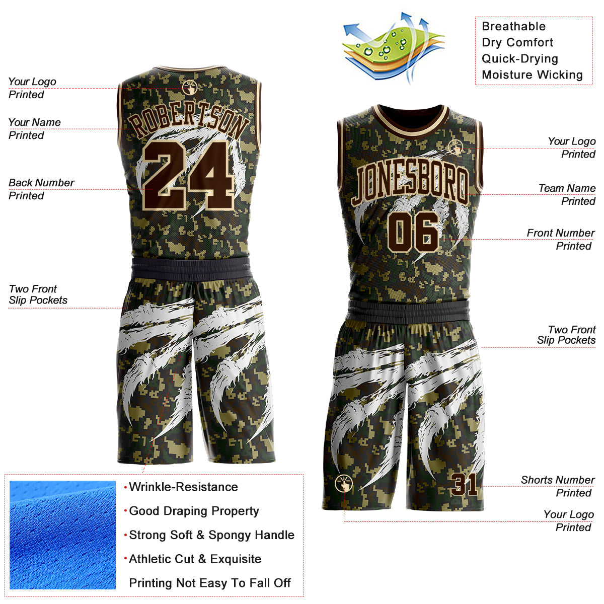 Custom Camo Brown-Cream Woodland Camouflage Claw Scratch Round Neck Sublimation Salute To Service Basketball Uniform Jersey view 2