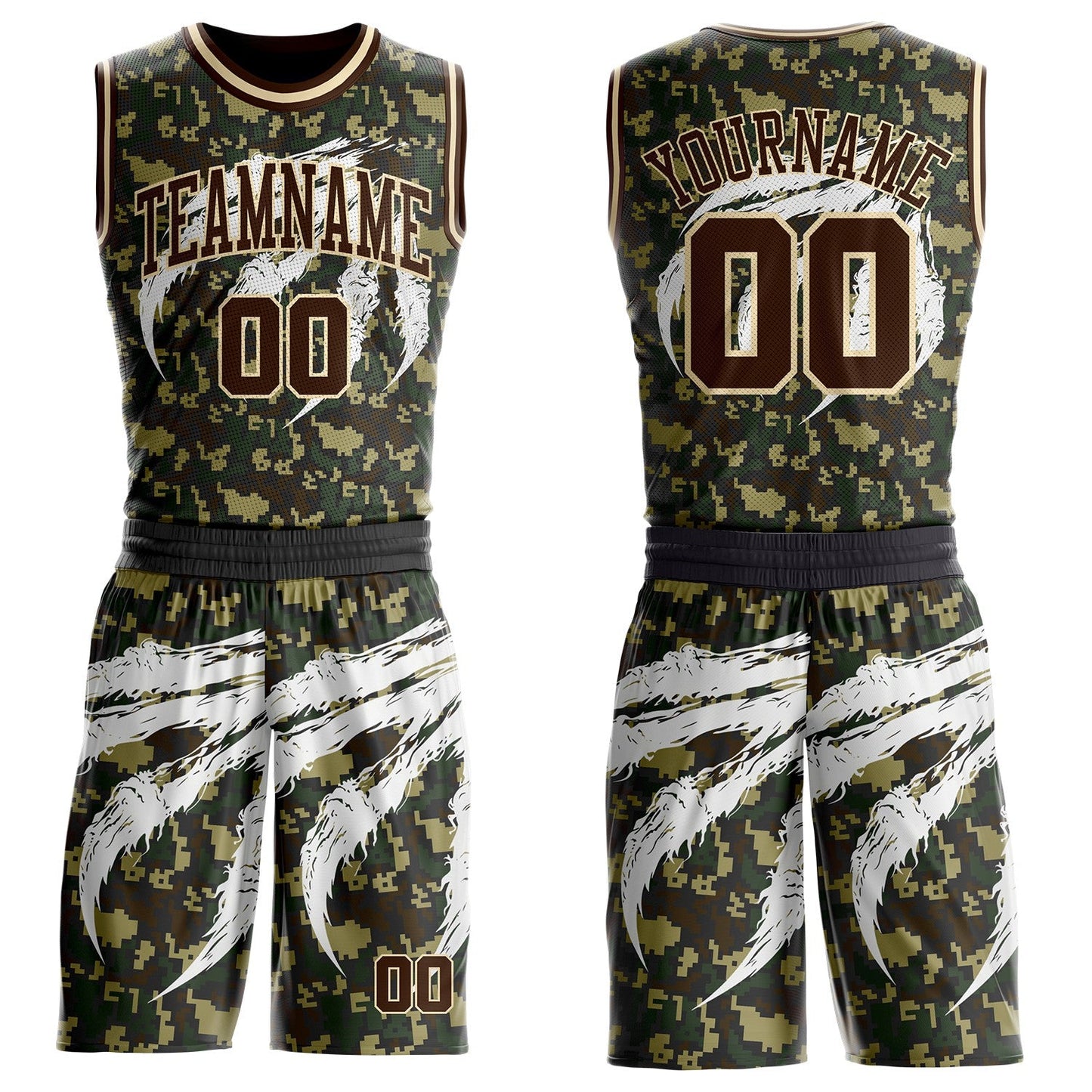 Custom Camo Brown-Cream Woodland Camouflage Claw Scratch Round Neck Sublimation Salute To Service Basketball Uniform Jersey - Main View
