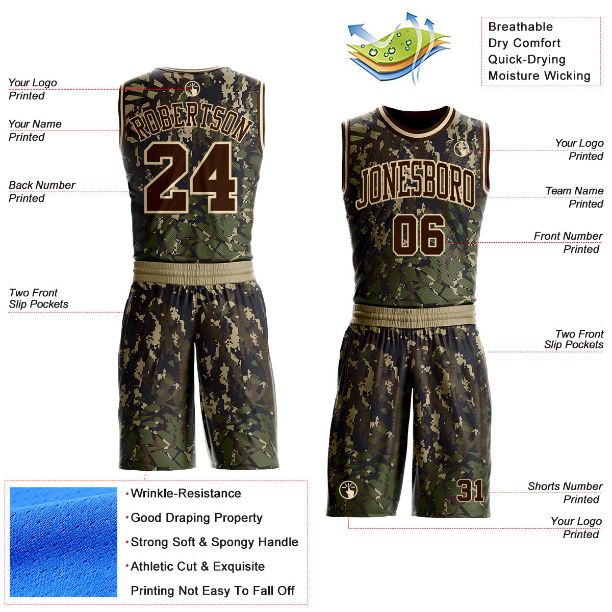 Custom Camo Brown-Cream Digital Camouflage Round Neck Sublimation Salute To Service Basketball Uniform Jersey view 2