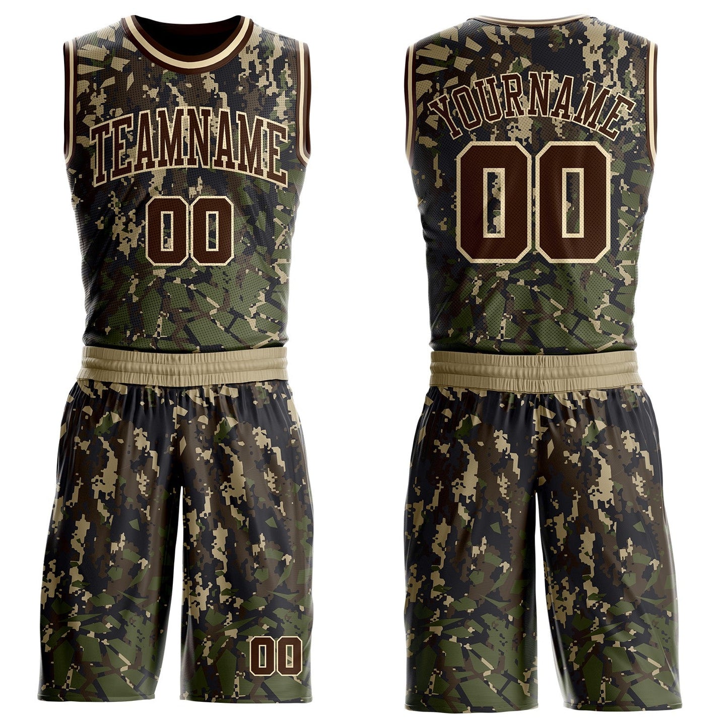 Custom Camo Brown-Cream Digital Camouflage Round Neck Sublimation Salute To Service Basketball Uniform Jersey - Main View