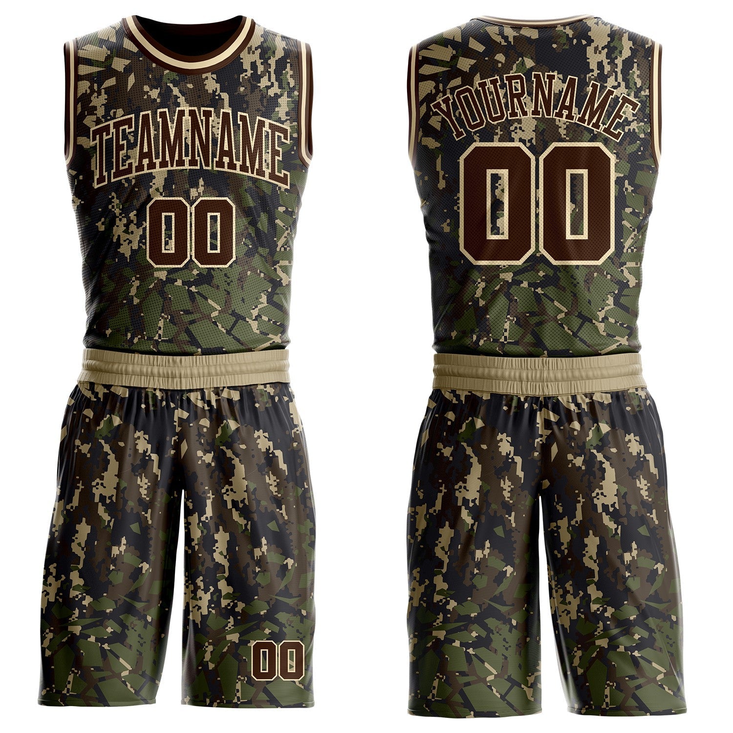 Custom Camo Brown-Cream Digital Camouflage Round Neck Sublimation Salute To Service Basketball Uniform Jersey - Main View