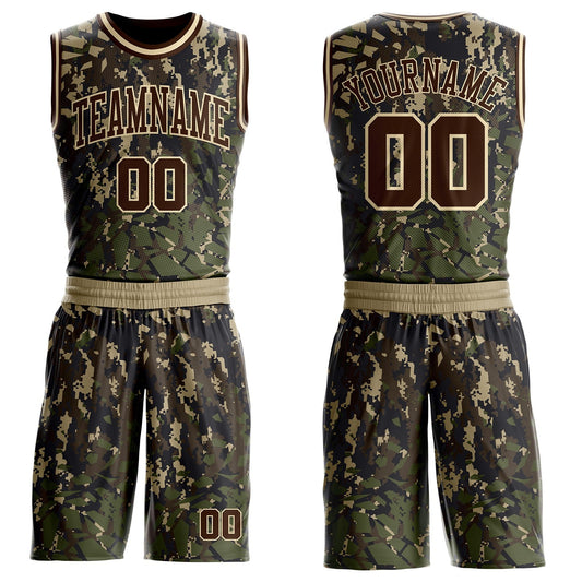 Custom Camo Brown-Cream Digital Camouflage Round Neck Sublimation Salute To Service Basketball Uniform Jersey - Main View