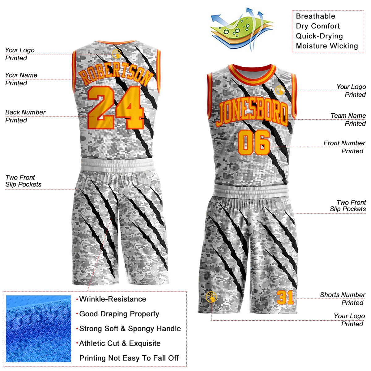 Custom Camo Gold-Orange Digital Camouflage Claw Scratch Round Neck Sublimation Salute To Service Basketball Uniform Jersey view 2