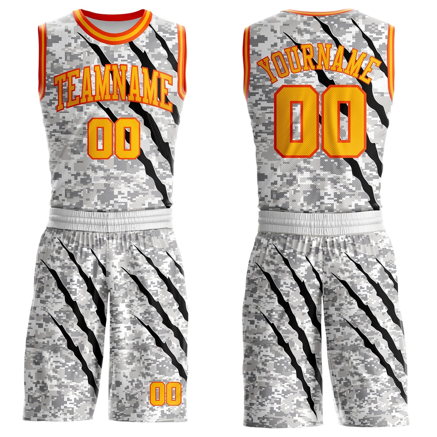 Custom Camo Gold-Orange Digital Camouflage Claw Scratch Round Neck Sublimation Salute To Service Basketball Uniform Jersey - Main View