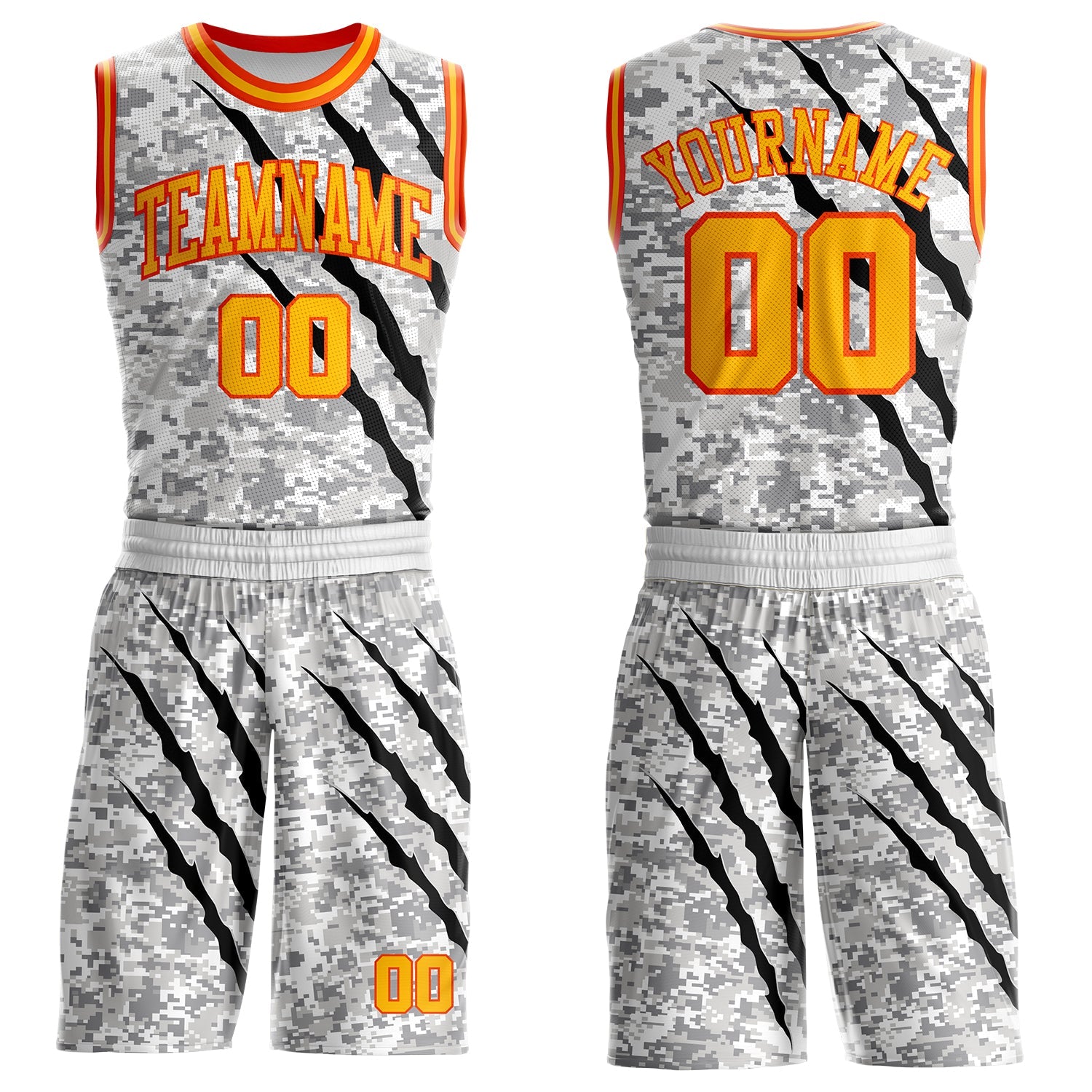 Custom Camo Gold-Orange Digital Camouflage Claw Scratch Round Neck Sublimation Salute To Service Basketball Uniform Jersey - Main View