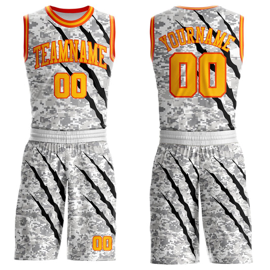 Custom Camo Gold-Orange Digital Camouflage Claw Scratch Round Neck Sublimation Salute To Service Basketball Uniform Jersey - Main View