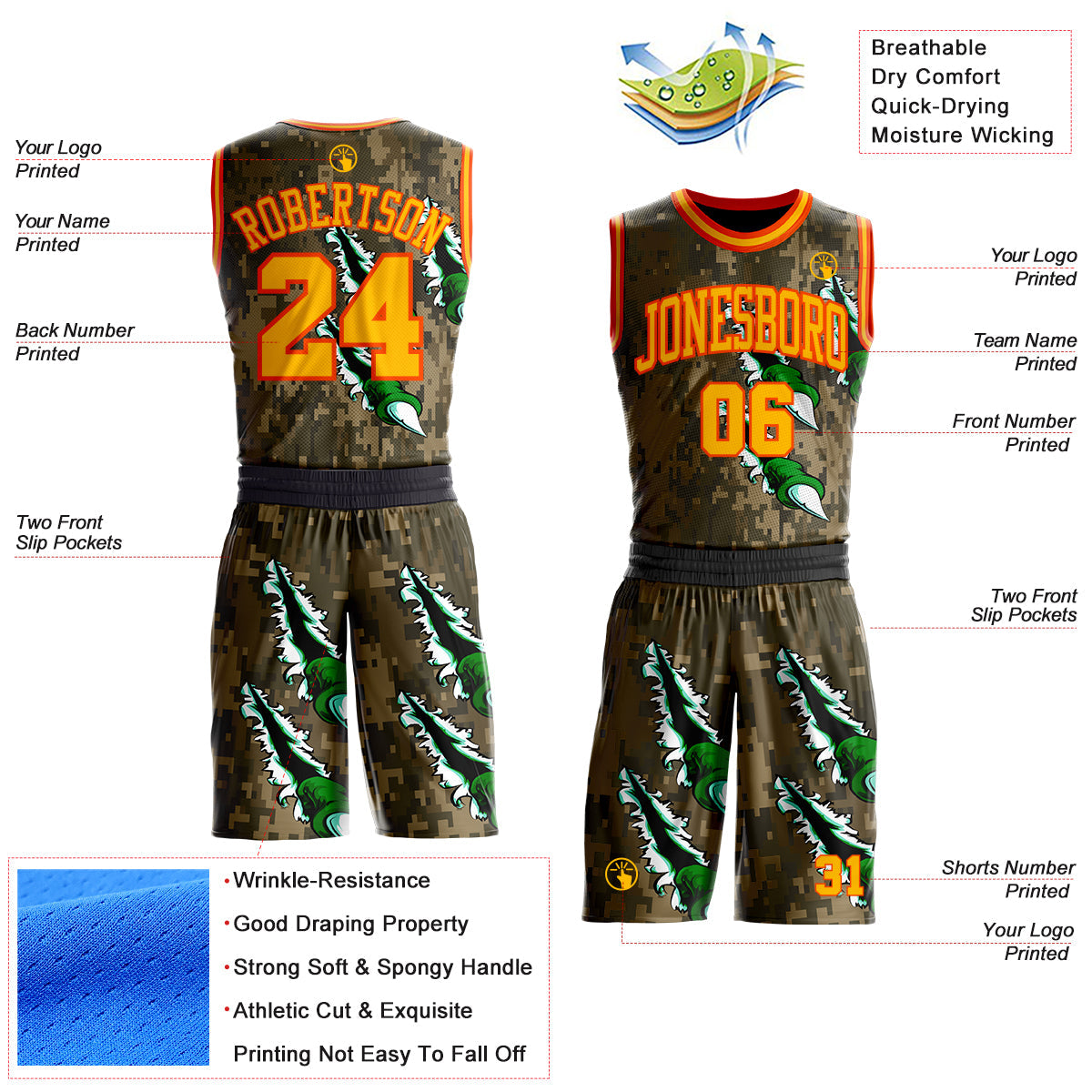 Custom Camo Gold-Orange Digital Camouflage Monster Claw Round Neck Sublimation Salute To Service Basketball Uniform Jersey view 2