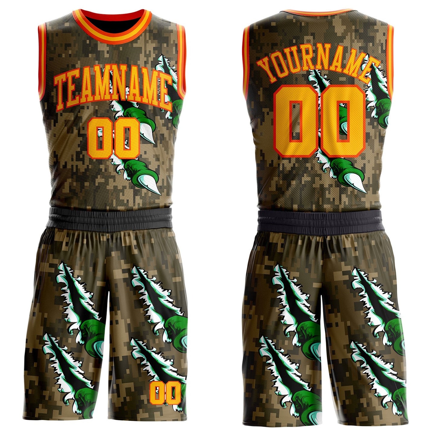 Custom Camo Gold-Orange Digital Camouflage Monster Claw Round Neck Sublimation Salute To Service Basketball Uniform Jersey - Main View
