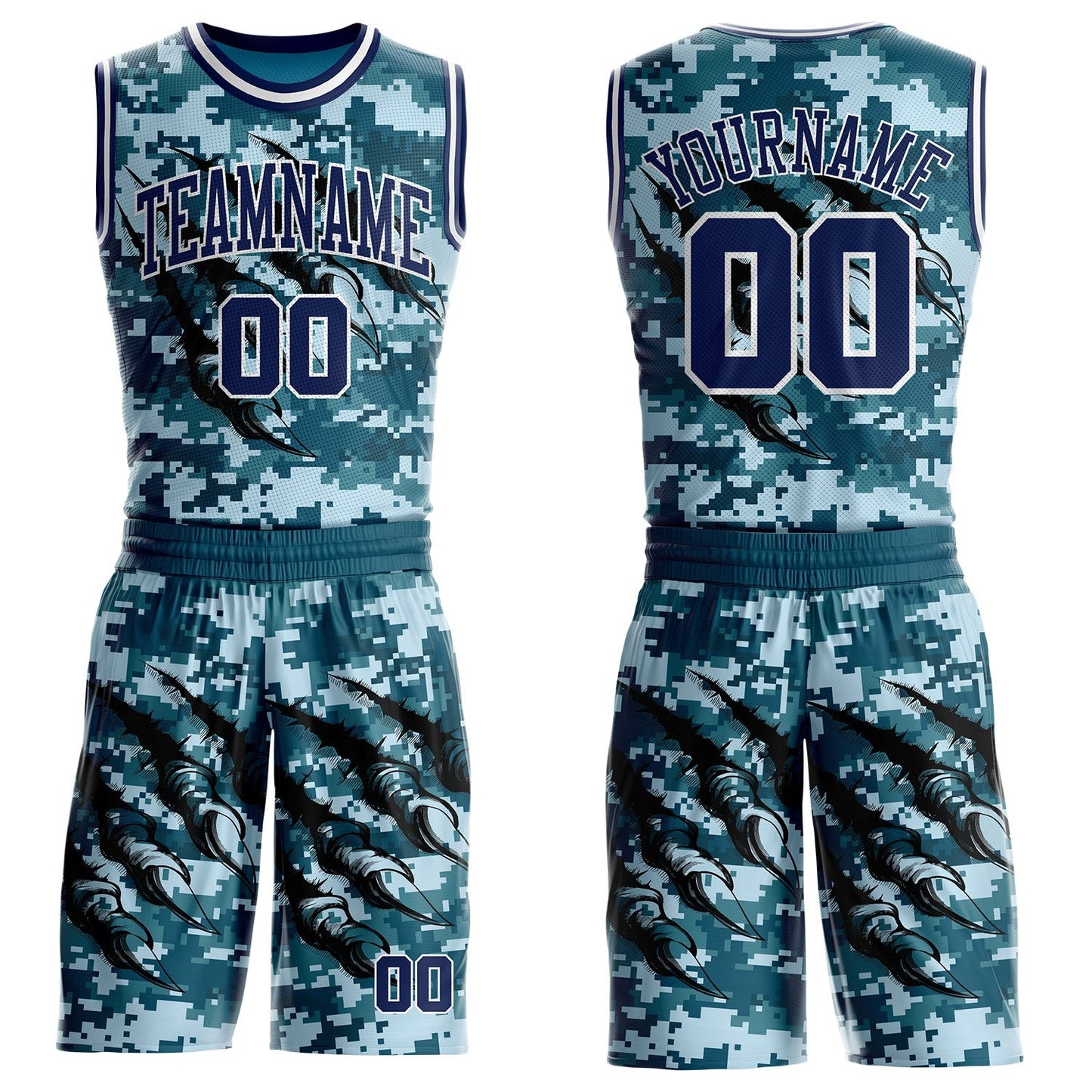 Custom Camo Navy-White Digital Camouflage Monster Claw Round Neck Sublimation Salute To Service Basketball Uniform Jersey - Main View