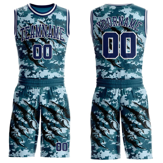 Custom Camo Navy-White Digital Camouflage Monster Claw Round Neck Sublimation Salute To Service Basketball Uniform Jersey - Main View