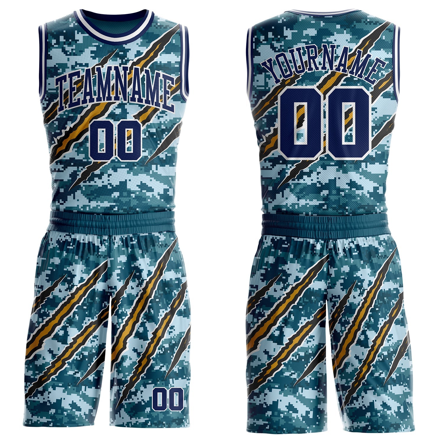 Custom Camo Navy-White Digital Camouflage Monster Claw Round Neck Sublimation Salute To Service Basketball Uniform Jersey - Main View