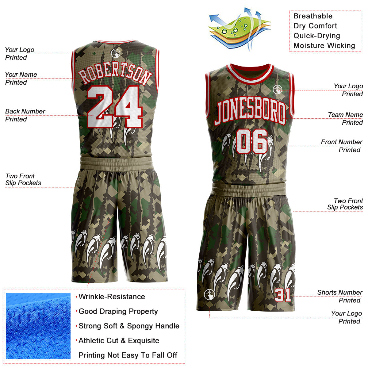 Custom Camo White-Red Digital Camouflage Monster Claw Round Neck Sublimation Salute To Service Basketball Uniform Jersey view 2