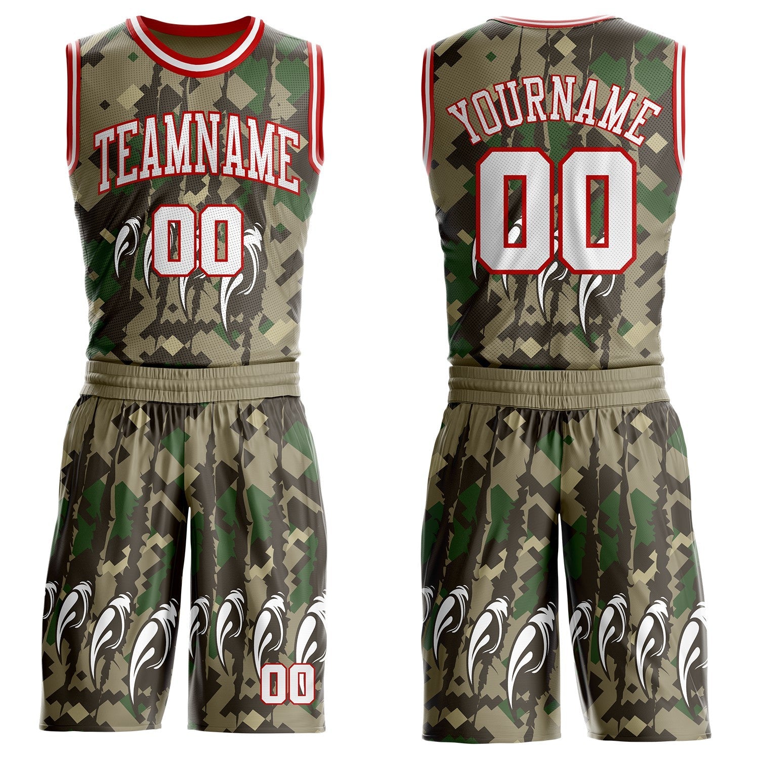 Custom Camo White-Red Digital Camouflage Monster Claw Round Neck Sublimation Salute To Service Basketball Uniform Jersey - Main View