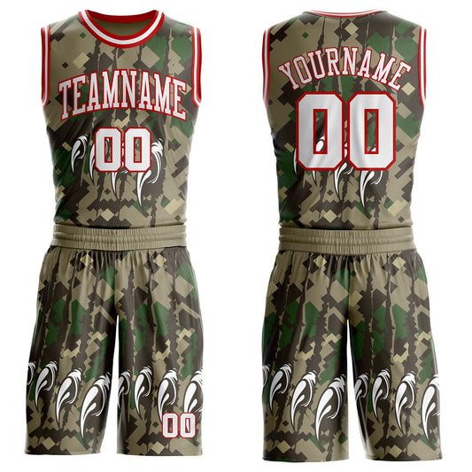 Custom Camo White-Red Digital Camouflage Monster Claw Round Neck Sublimation Salute To Service Basketball Uniform Jersey - Main View
