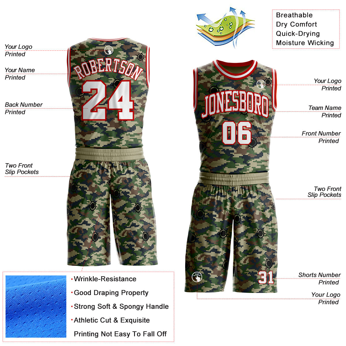Custom Camo White-Red Woodland Camouflage Bullet Hole Round Neck Sublimation Salute To Service Basketball Uniform Jersey view 2