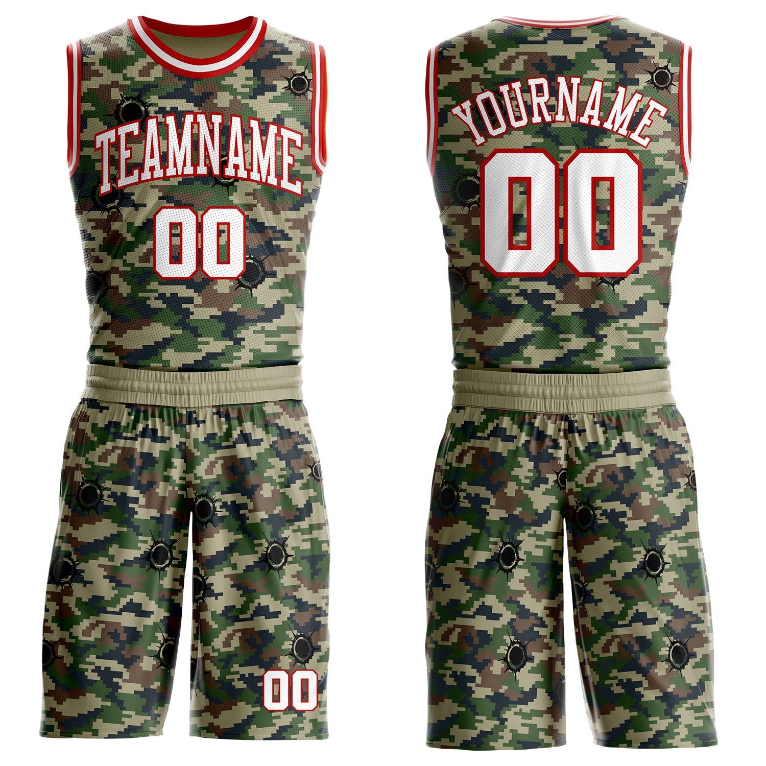 Custom Camo White-Red Woodland Camouflage Bullet Hole Round Neck Sublimation Salute To Service Basketball Uniform Jersey - Main View