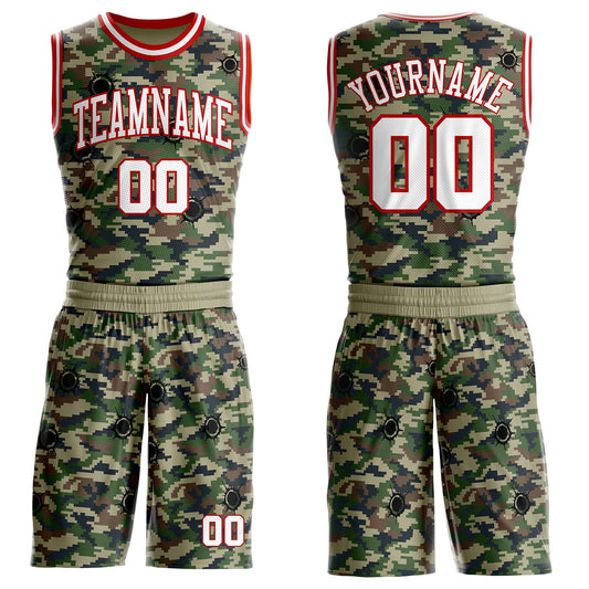 Custom Camo White-Red Woodland Camouflage Bullet Hole Round Neck Sublimation Salute To Service Basketball Uniform Jersey - Main View