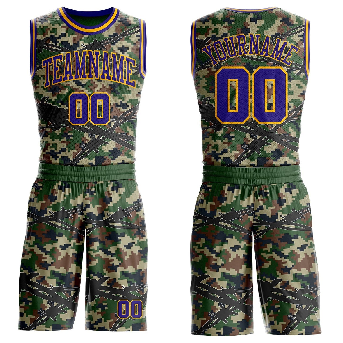 Custom Camo Dark Purple-Gold Woodland Camouflage Barbed Wire Round Neck Sublimation Salute To Service Basketball Uniform Jersey - Main View