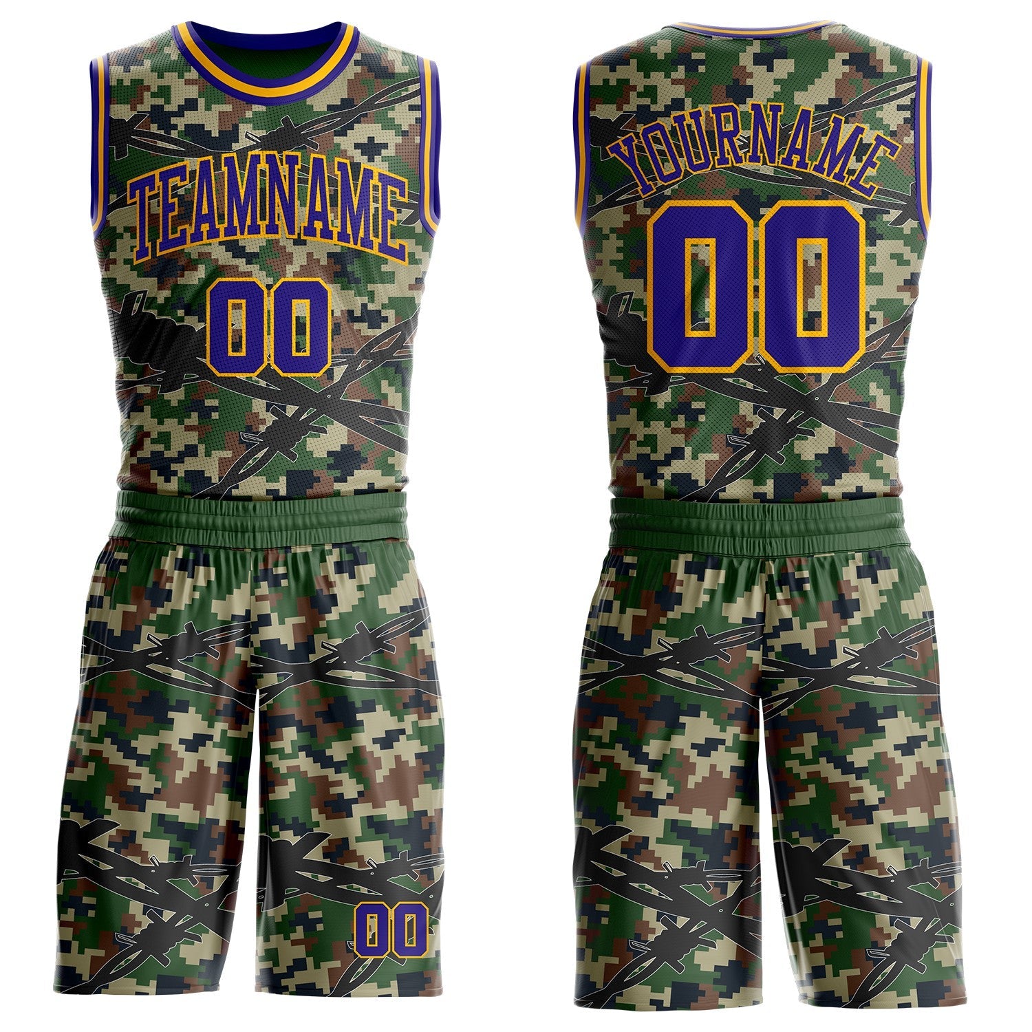 Custom Camo Dark Purple-Gold Woodland Camouflage Barbed Wire Round Neck Sublimation Salute To Service Basketball Uniform Jersey - Main View