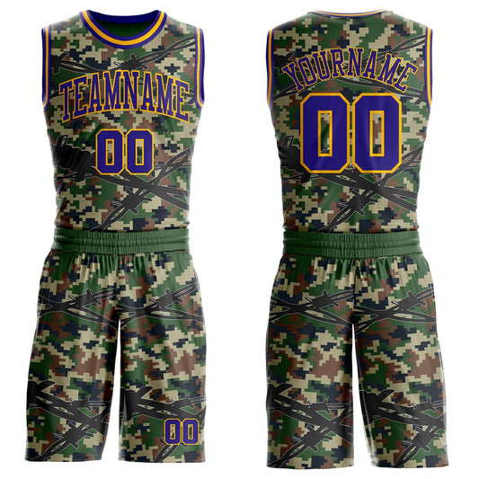 Custom Camo Dark Purple-Gold Woodland Camouflage Barbed Wire Round Neck Sublimation Salute To Service Basketball Uniform Jersey - Main View