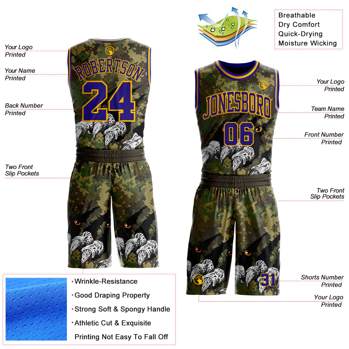 Custom Camo Dark Purple-Gold Digital Camouflage Monster Claw Round Neck Sublimation Salute To Service Basketball Uniform Jersey view 2