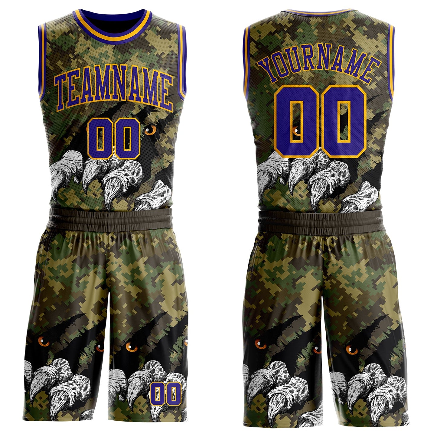 Custom Camo Dark Purple-Gold Digital Camouflage Monster Claw Round Neck Sublimation Salute To Service Basketball Uniform Jersey - Main View