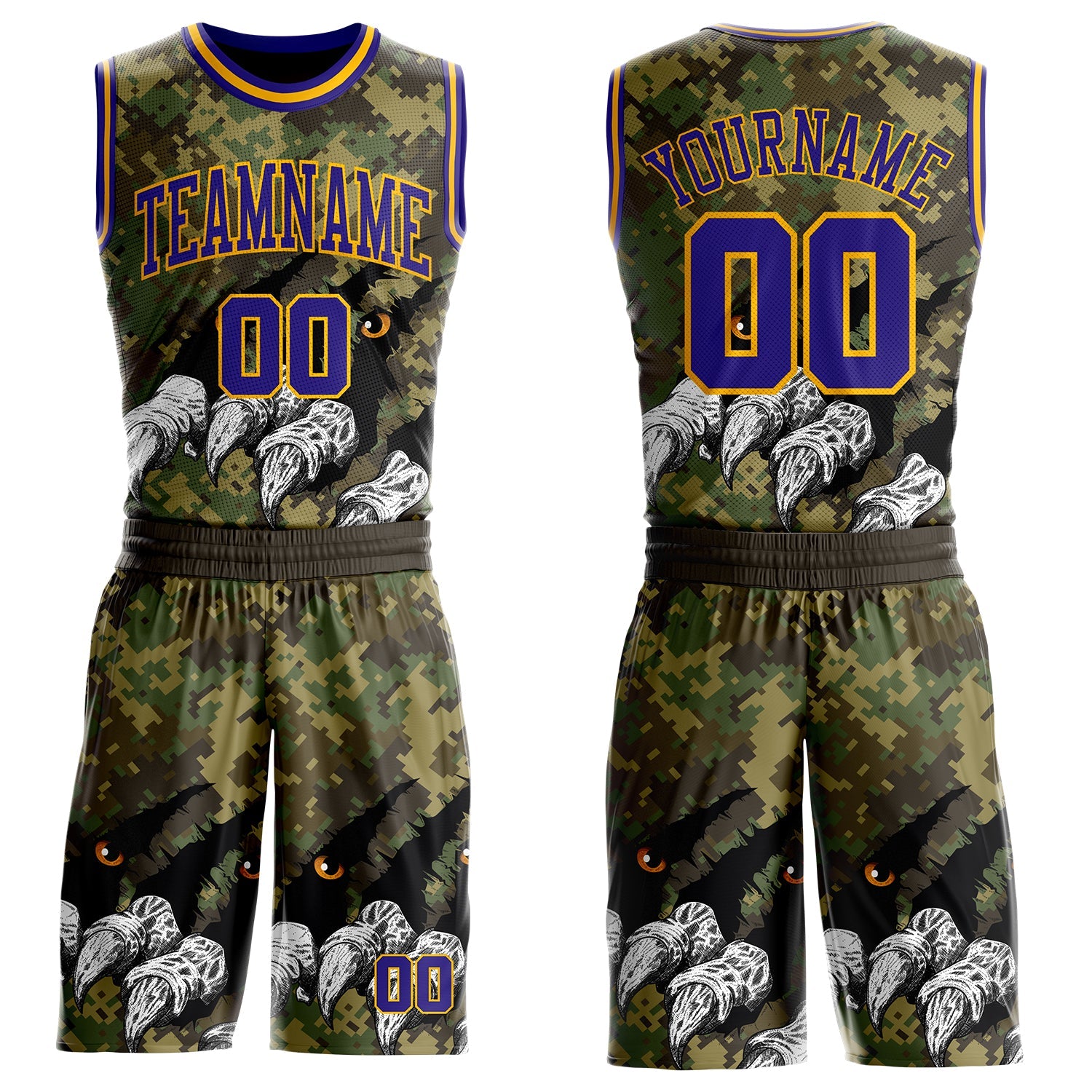 Custom Camo Dark Purple-Gold Digital Camouflage Monster Claw Round Neck Sublimation Salute To Service Basketball Uniform Jersey - Main View