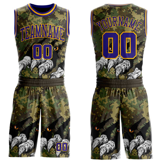 Custom Camo Dark Purple-Gold Digital Camouflage Monster Claw Round Neck Sublimation Salute To Service Basketball Uniform Jersey - Main View