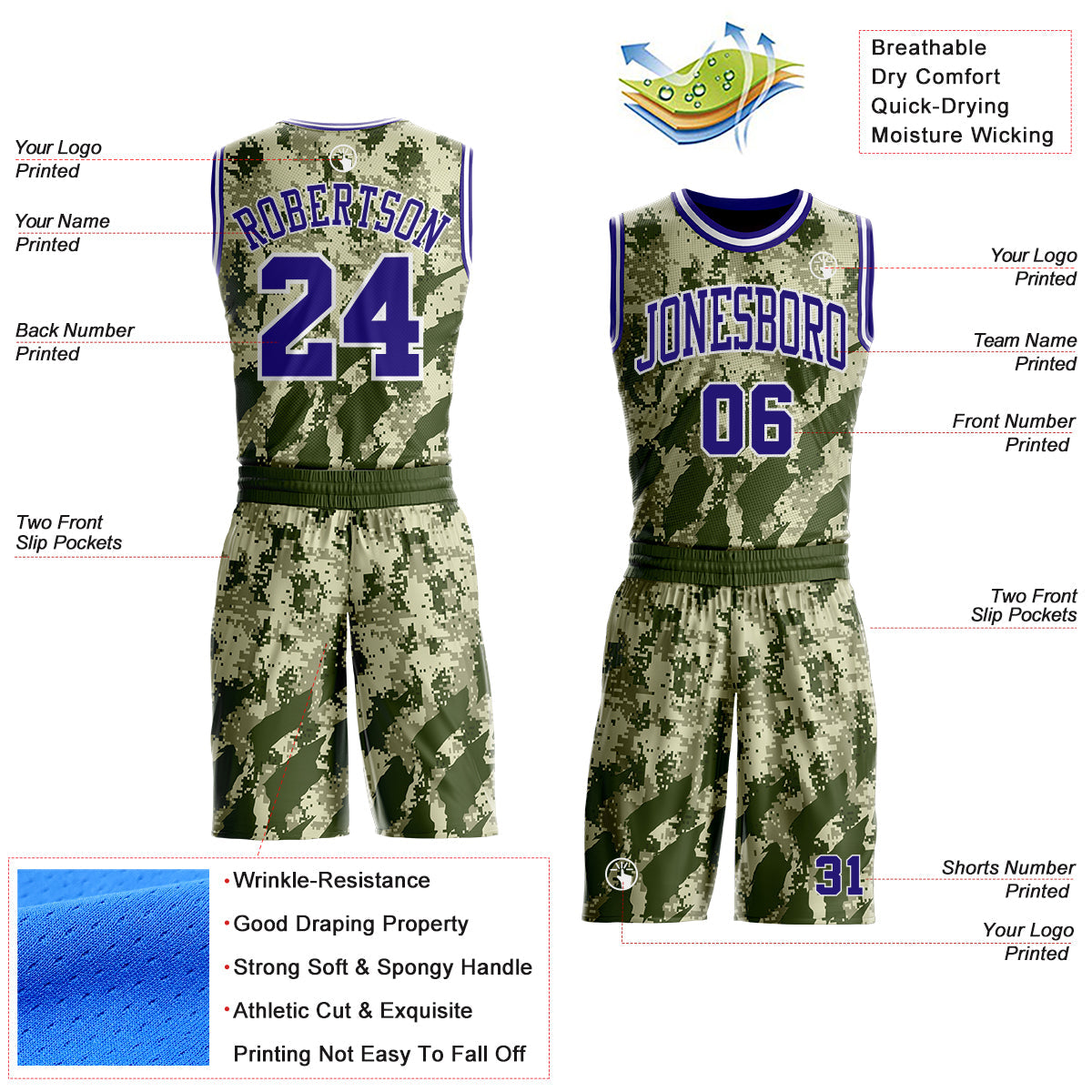 Custom Camo Dark Purple-White Digital Desert Camouflage Round Neck Sublimation Salute To Service Basketball Uniform Jersey view 2