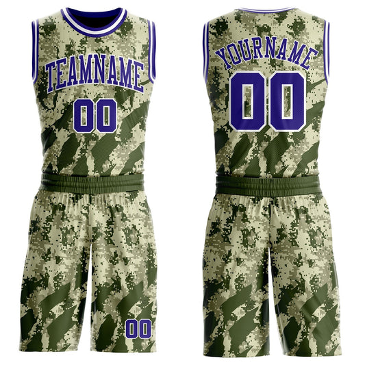 Custom Camo Dark Purple-White Digital Desert Camouflage Round Neck Sublimation Salute To Service Basketball Uniform Jersey - Main View