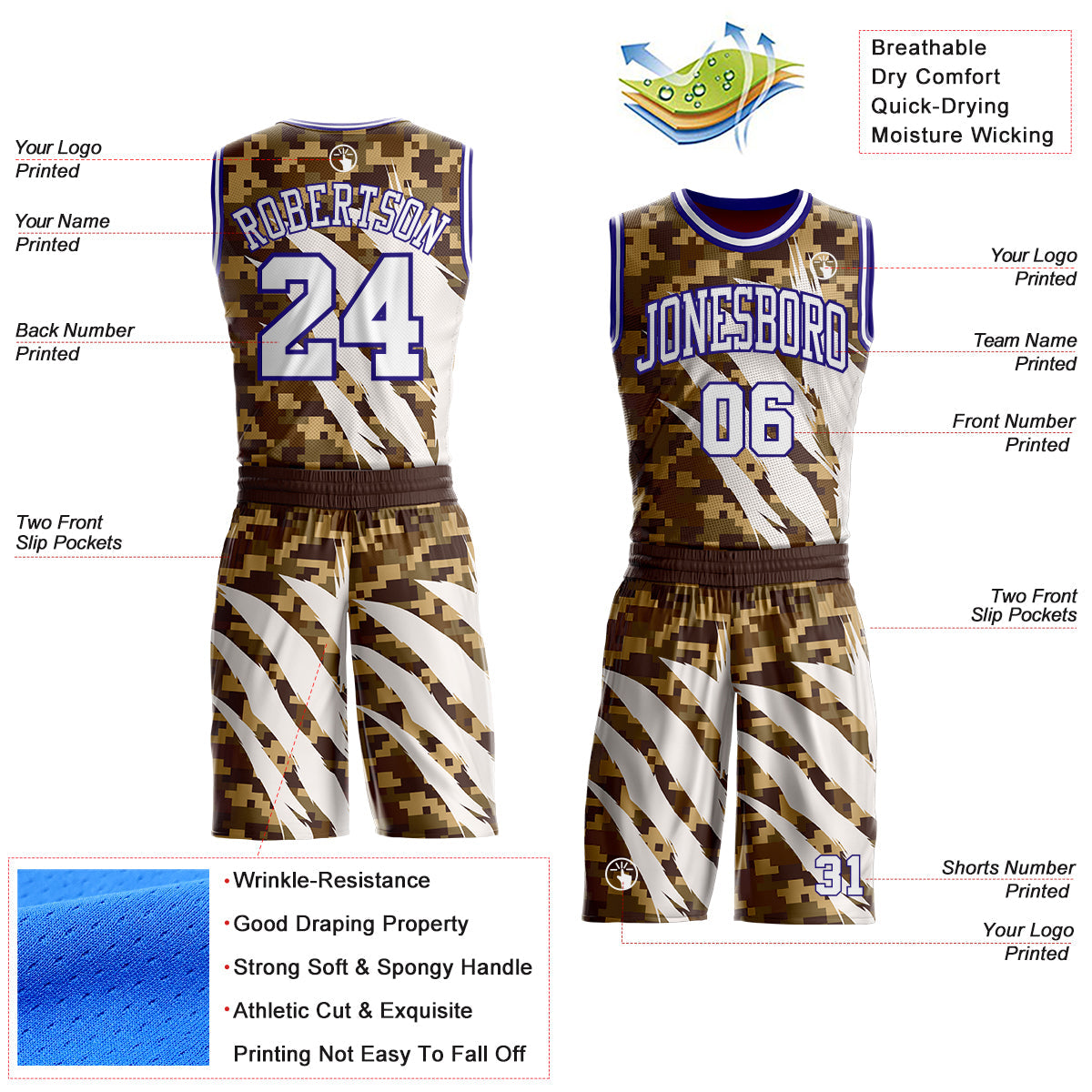 Custom Camo White-Dark Purple Desert Camouflage Claw Round Neck Sublimation Salute To Service Basketball Uniform Jersey view 2