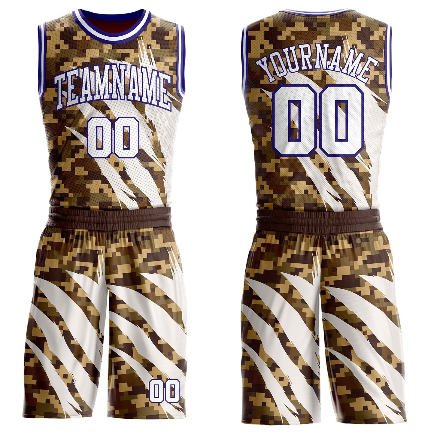 Custom Camo White-Dark Purple Desert Camouflage Claw Round Neck Sublimation Salute To Service Basketball Uniform Jersey - Main View