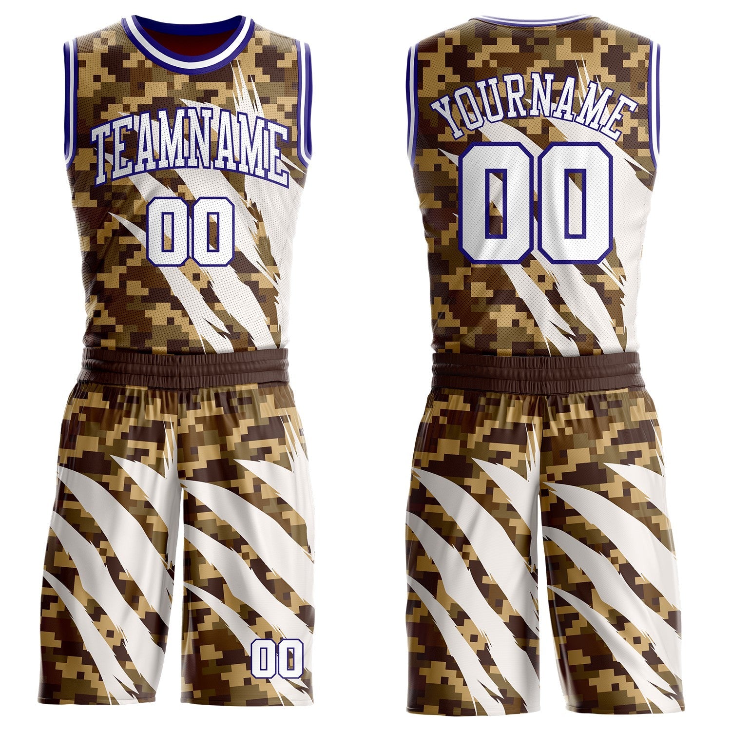 Custom Camo White-Dark Purple Desert Camouflage Claw Round Neck Sublimation Salute To Service Basketball Uniform Jersey - Main View