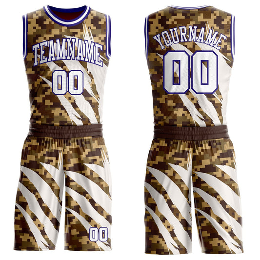 Custom Camo White-Dark Purple Desert Camouflage Claw Round Neck Sublimation Salute To Service Basketball Uniform Jersey - Main View