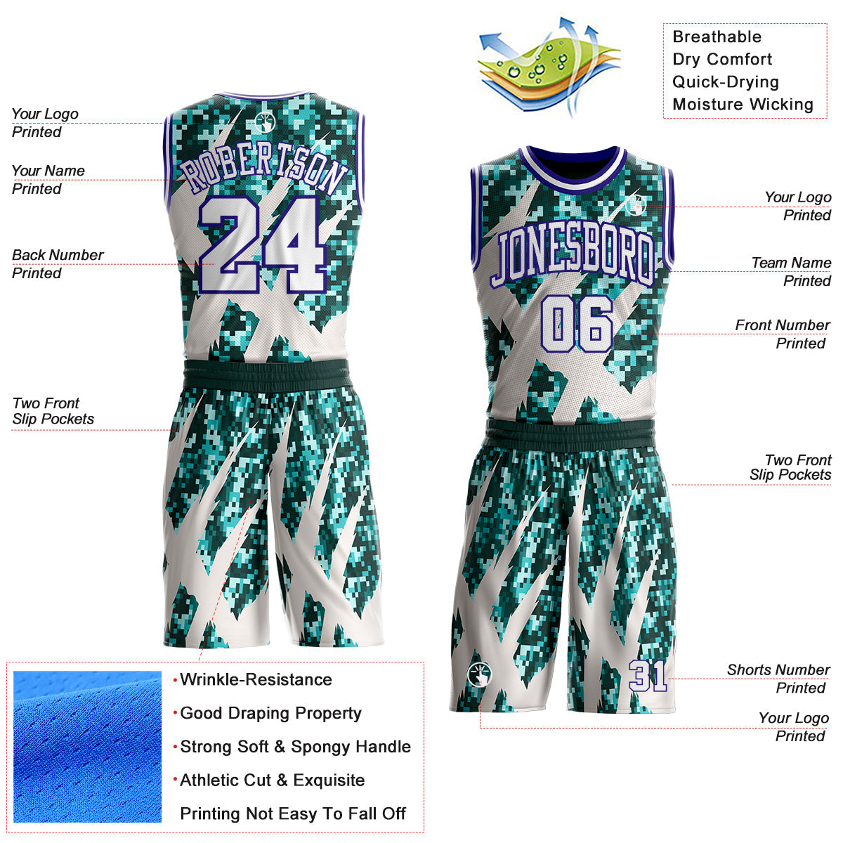 Custom Camo White-Dark Purple Digital Camouflage Claw Round Neck Sublimation Salute To Service Basketball Uniform Jersey view 2