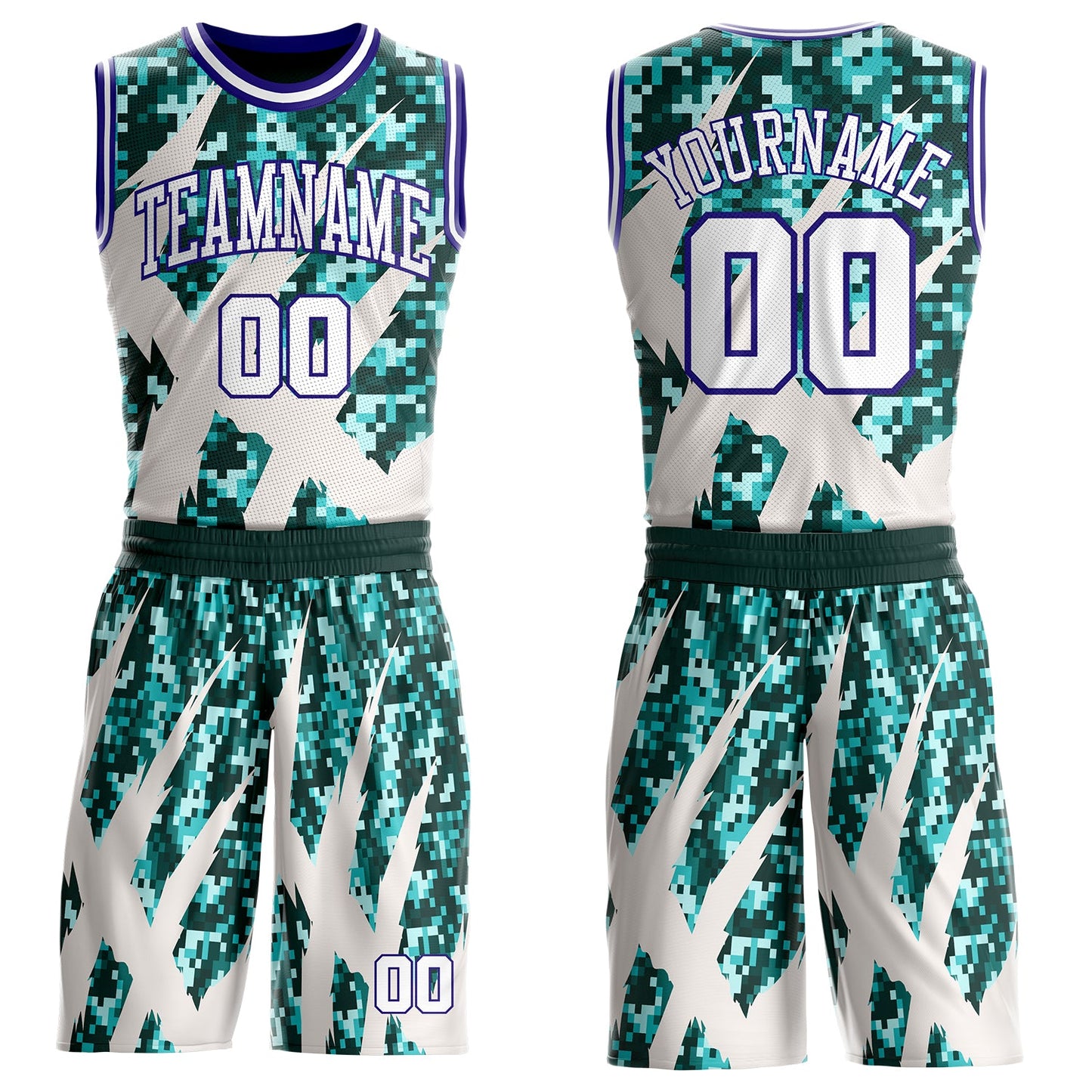 Custom Camo White-Dark Purple Digital Camouflage Claw Round Neck Sublimation Salute To Service Basketball Uniform Jersey - Main View