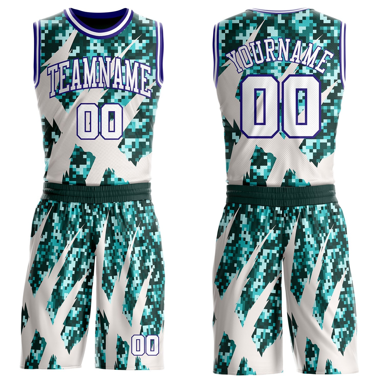 Custom Camo White-Dark Purple Digital Camouflage Claw Round Neck Sublimation Salute To Service Basketball Uniform Jersey - Main View