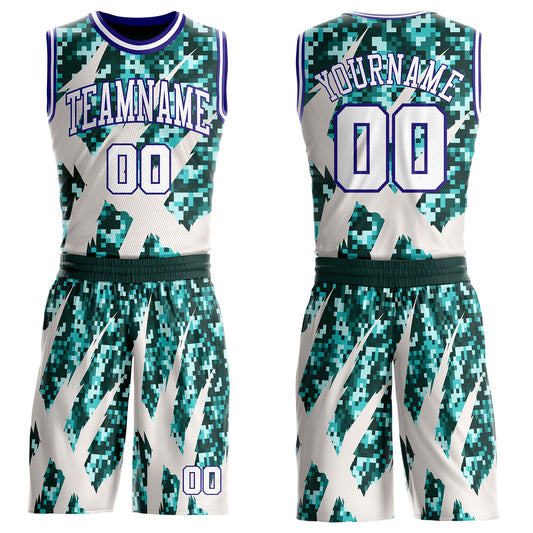 Custom Camo White-Dark Purple Digital Camouflage Claw Round Neck Sublimation Salute To Service Basketball Uniform Jersey - Main View