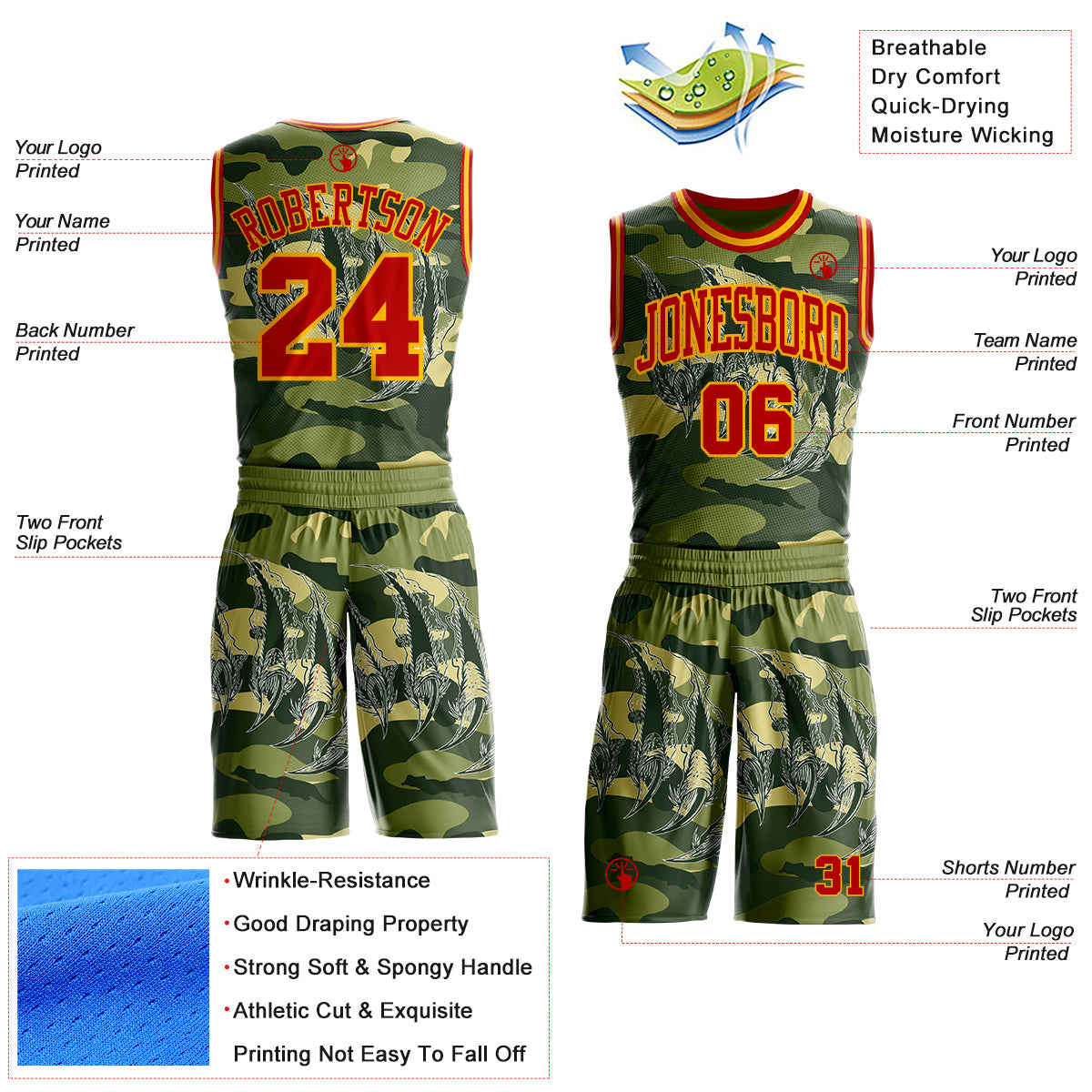 Custom Camo Red-Gold Digital Camouflage Monster Claw Round Neck Sublimation Salute To Service Basketball Uniform Jersey view 2