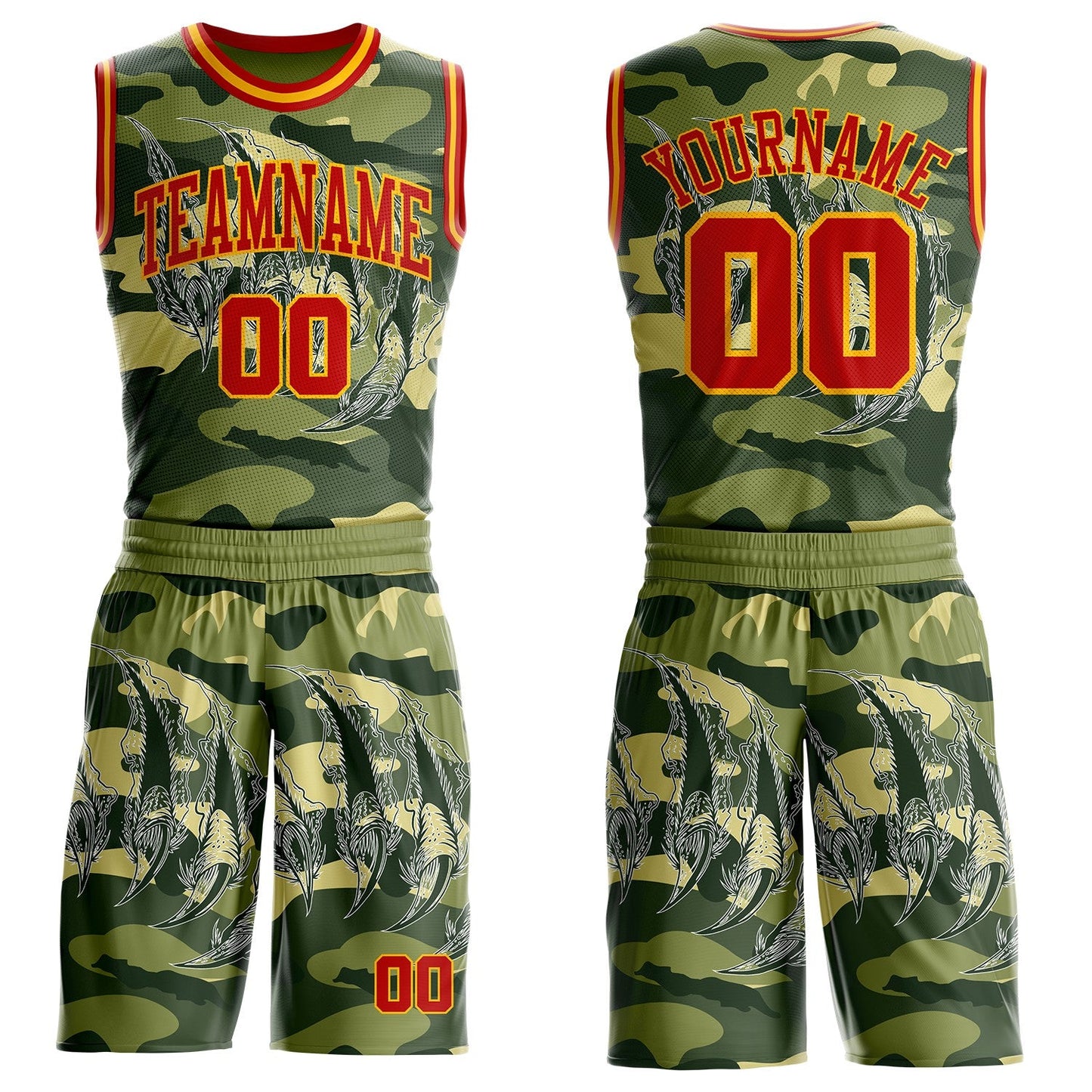 Custom Camo Red-Gold Digital Camouflage Monster Claw Round Neck Sublimation Salute To Service Basketball Uniform Jersey - Main View