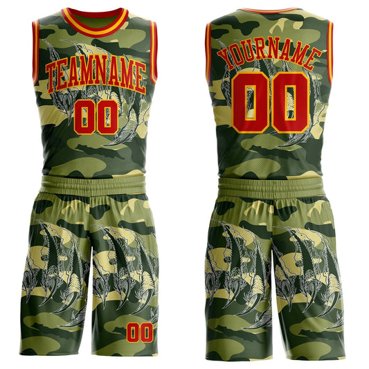 Custom Camo Red-Gold Digital Camouflage Monster Claw Round Neck Sublimation Salute To Service Basketball Uniform Jersey - Main View
