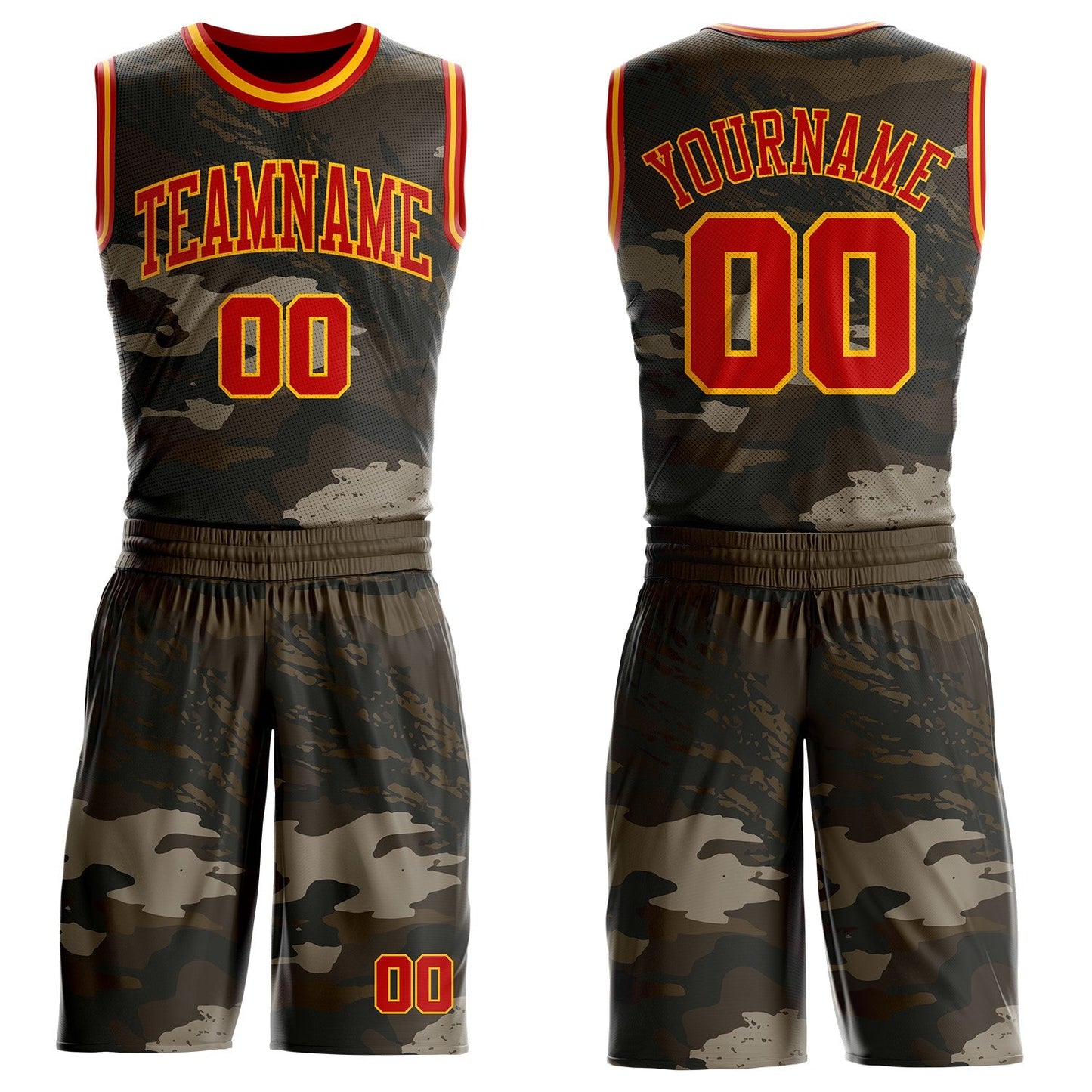 Custom Camo Red-Gold Woodland Camouflage Military Round Neck Sublimation Salute To Service Basketball Uniform Jersey - Main View