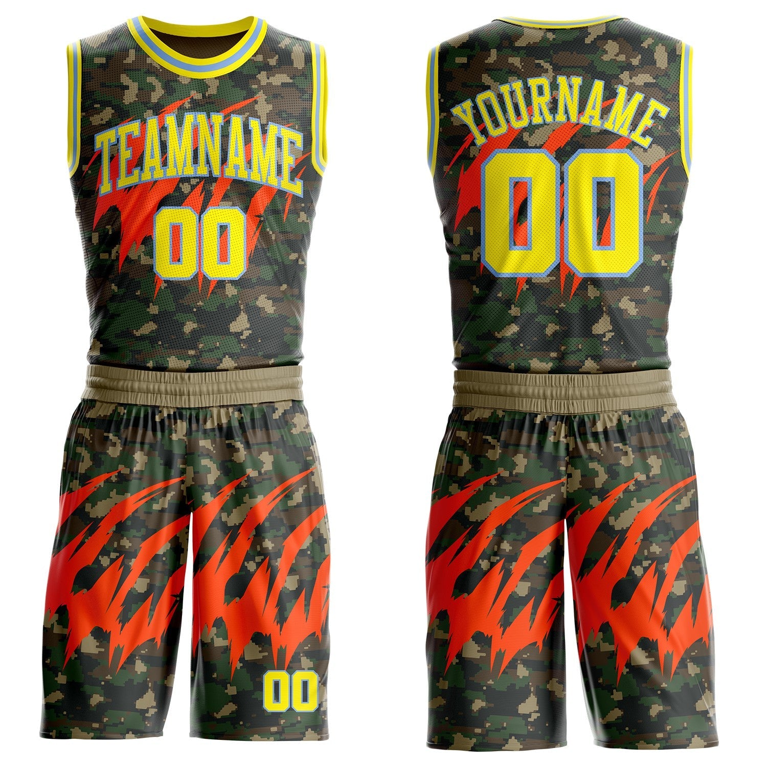 Custom Camo Light Yellow-Powder Blue Woodland Camouflage Claw Round Neck Sublimation Salute To Service Basketball Uniform Jersey - Main View