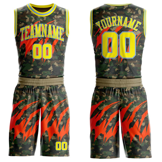 Custom Camo Light Yellow-Powder Blue Woodland Camouflage Claw Round Neck Sublimation Salute To Service Basketball Uniform Jersey - Main View