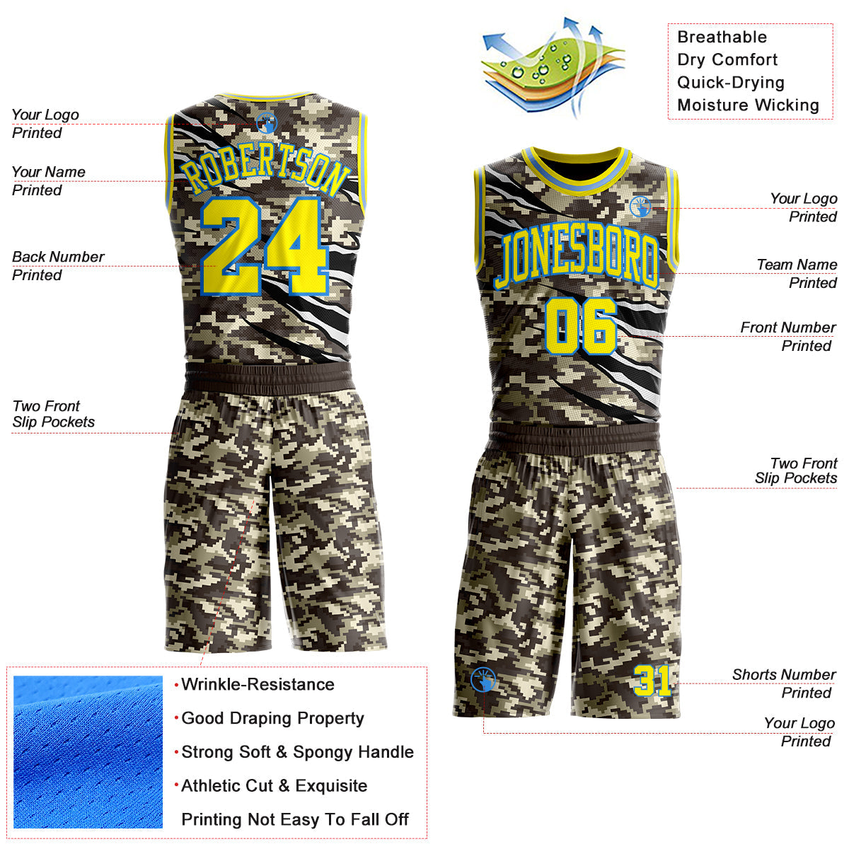 Custom Camo Light Yellow-Powder Blue Desert Camouflage Claw Round Neck Sublimation Salute To Service Basketball Uniform Jersey view 2
