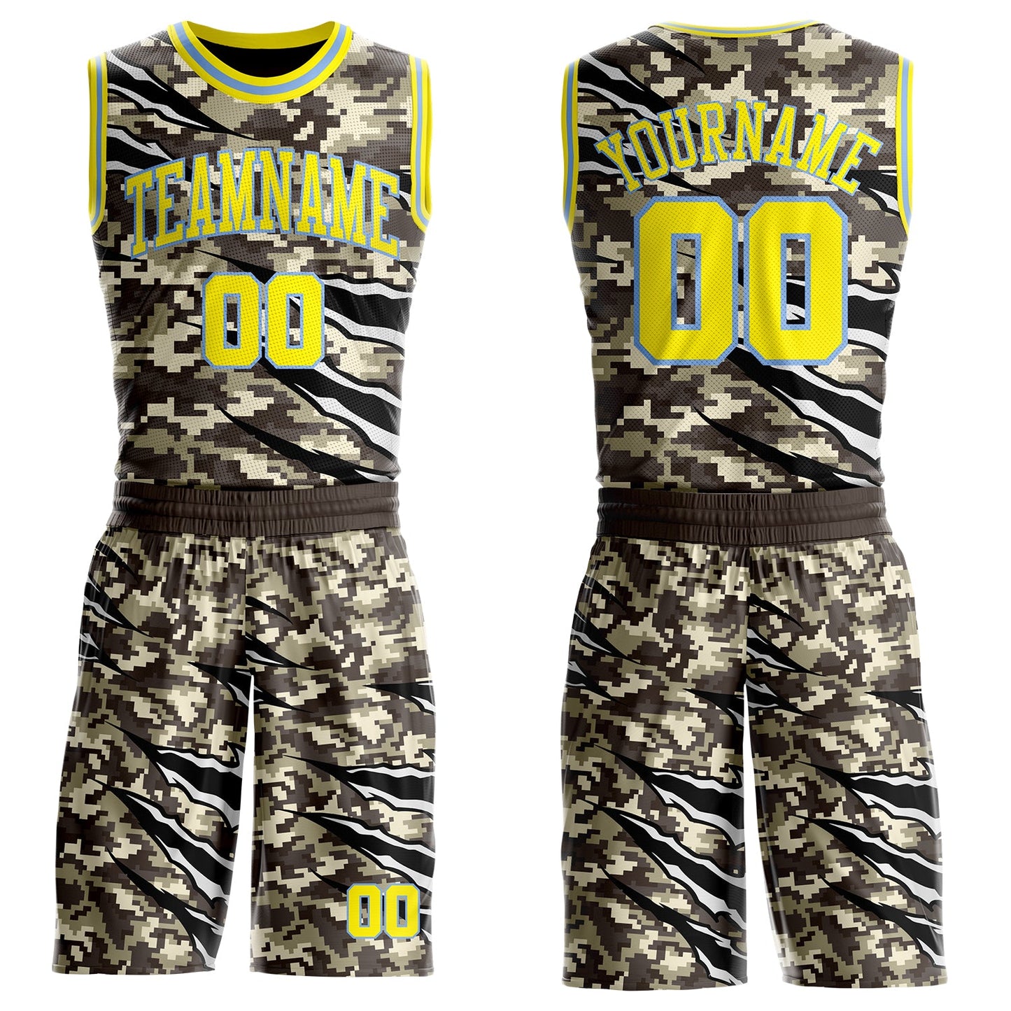 Custom Camo Light Yellow-Powder Blue Desert Camouflage Claw Round Neck Sublimation Salute To Service Basketball Uniform Jersey - Main View